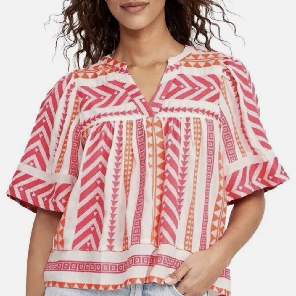 Old Navy Textured Boho Top White Pink Orange Hippie Embroidered Split Neck Sz L